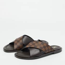 Pre Owned Louis Vuitton Damier Ebene Canvas and Leather Cross Strap Flat Sandals Size 44
