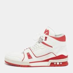 Pre Owned Louis Vuitton White/Red Leather LV Trainer Mid Sneakers Size 44