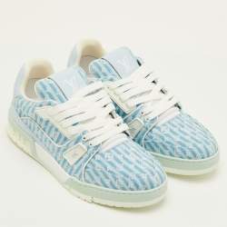 Pre Owned Louis Vuitton LV Trainer Size 41 Blue Stripe Monogram Canvas and Leather Sneakers
