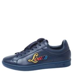 مملوكة مسبقًا Louis Vuitton Blue Leather Multicolor Logo Applique Lace Up Sneakers Size 40.5