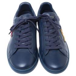 مملوكة مسبقًا Louis Vuitton Blue Leather Multicolor Logo Applique Lace Up Sneakers Size 40.5