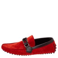 Pre Owned Louis Vuitton Red Suede Leather Oxford Slip On Loafers Size 39.5