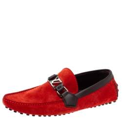 Pre Owned Louis Vuitton Red Suede Leather Oxford Slip On Loafers Size 39.5