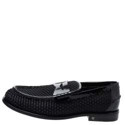 Louis Vuitton Black Patent Leather And Woven Satin Penny Slip On Loafers Size 41.5