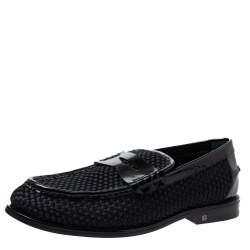 Louis Vuitton Black Patent Leather And Woven Satin Penny Slip On Loafers Size 41.5