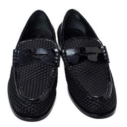 Louis Vuitton Black Patent Leather And Woven Satin Penny Slip On Loafers Size 41.5