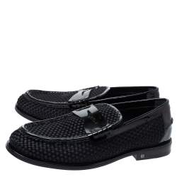 Louis Vuitton Black Patent Leather And Woven Satin Penny Slip On Loafers Size 41.5