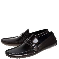 Pre Owned Louis Vuitton Brown Textured Patent Leather Hockenheim Loafers Size 41.5