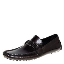 Pre Owned Louis Vuitton Brown Textured Patent Leather Hockenheim Loafers Size 41.5