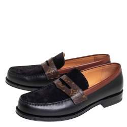 Pre Owned Louis Vuitto Black/Brown Monogram Canvas And Suede Sorbonne Loafers Size 42