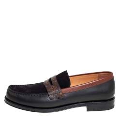 Pre Owned Louis Vuitto Black/Brown Monogram Canvas And Suede Sorbonne Loafers Size 42