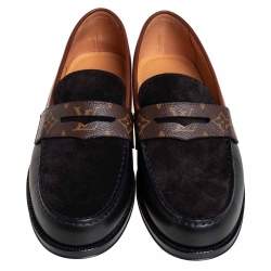 Pre Owned Louis Vuitto Black/Brown Monogram Canvas And Suede Sorbonne Loafers Size 42