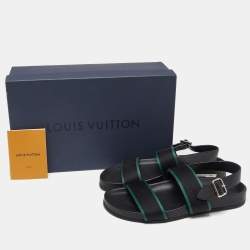 Pre Owned Louis Vuitton Black/Green Leather and Canvas Mirabeau Flat Sandals Size 41