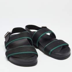 Pre Owned Louis Vuitton Black/Green Leather and Canvas Mirabeau Flat Sandals Size 41