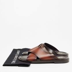 Pre Owned Louis Vuitton Brown Two-Tone Leather Foch Cross Strap Flat Slide Sandals Size 41