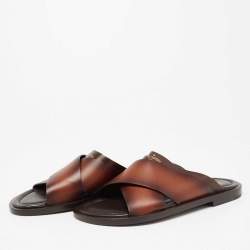 Pre Owned Louis Vuitton Brown Two-Tone Leather Foch Cross Strap Flat Slide Sandals Size 41