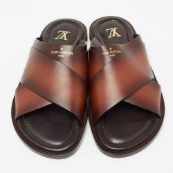 Pre Owned Louis Vuitton Brown Two-Tone Leather Foch Cross Strap Flat Slide Sandals Size 41