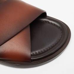 Pre Owned Louis Vuitton Brown Two-Tone Leather Foch Cross Strap Flat Slide Sandals Size 41