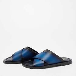 مملوكة مسبقًا صندل سلايد فلات لوي فيتون  فوش جلد أزرق ثنائي اللون سيور متعاكسة مقاس 41