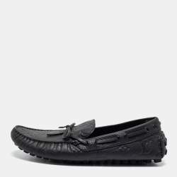 Pre Owned Louis Vuitton Black Monogram Embossed Leather Bow Loafers Size 41.5
