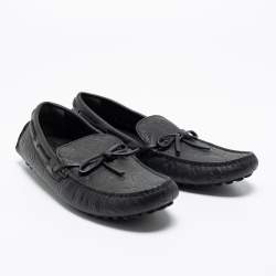 Pre Owned Louis Vuitton Black Monogram Embossed Leather Bow Loafers Size 41.5