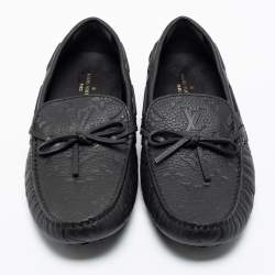 Pre Owned Louis Vuitton Black Monogram Embossed Leather Bow Loafers Size 41.5