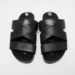 Louis Vuitton Black Epi Leather Cross Strap Flat Slides Size 41.5