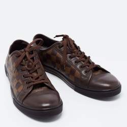 Pre Owned Louis Vuitton Brown Leather and Damier Ebene Canvas Punchy Low Top Sneakers Size 41.5