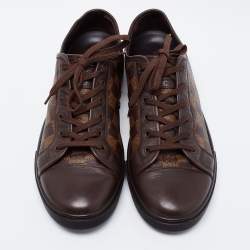 Pre Owned Louis Vuitton Brown Leather and Damier Ebene Canvas Punchy Low Top Sneakers Size 41.5