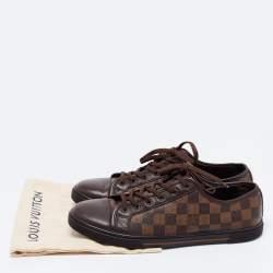 Pre Owned Louis Vuitton Brown Leather and Damier Ebene Canvas Punchy Low Top Sneakers Size 41.5