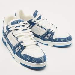 Pre Owned Louis Vuitton Blue/White Leather and Denim LV Trainer Sneakers Size 44