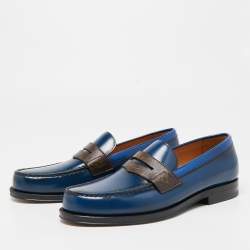 Pre Owned Louis Vuitton Navy Blue/Brown Monogram Canvass and Leather Loafers Size 40