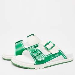 Pre Owned Louis Vuitton White/Green Monogram Embossed Leather LV Trainer Sandals Size 41