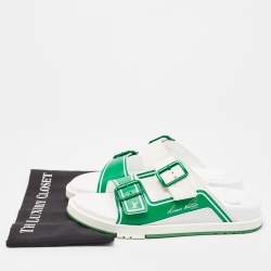 Pre Owned Louis Vuitton White/Green Monogram Embossed Leather LV Trainer Sandals Size 41