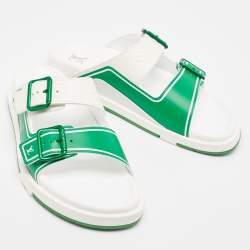 Pre Owned Louis Vuitton White/Green Monogram Embossed Leather LV Trainer Sandals Size 41