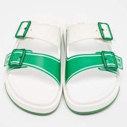Pre Owned Louis Vuitton White/Green Monogram Embossed Leather LV Trainer Sandals Size 41