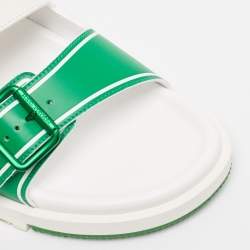 Pre Owned Louis Vuitton White/Green Monogram Embossed Leather LV Trainer Sandals Size 41