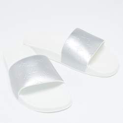 Louis Vuitton Silver Monogram Leather Mules Size 44