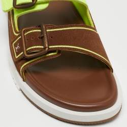 Louis Vuitton Brown/Neon Green Suede and Leather LV Trainer Mules Size 42
