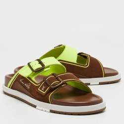 Louis Vuitton Brown/Neon Green Suede and Leather LV Trainer Mules Size 42