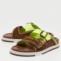 Louis Vuitton Brown/Neon Green Suede and Leather LV Trainer Mules Size 42