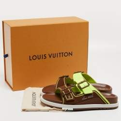 Louis Vuitton Brown/Neon Green Suede and Leather LV Trainer Mules Size 42