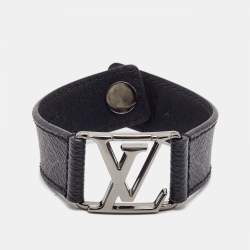  Louis Vuitton Monogram Eclipse Hockenheim Leather Gunmetal Tone Bracelet 21