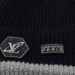 Pre Owned Louis vuitton Navy Blue Logo Applique Wool Rib Knit Beanie