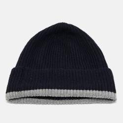 Pre Owned Louis vuitton Navy Blue Logo Applique Wool Rib Knit Beanie