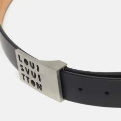 Pre Owned Louis Vuitton Black Leather Logo Cut Out Buckle Belt 110 CM