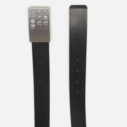 Pre Owned Louis Vuitton Black Leather Logo Cut Out Buckle Belt 110 CM