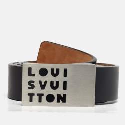 Pre Owned Louis Vuitton Black Leather Logo Cut Out Buckle Belt 110 CM