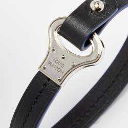 Pre Owned Louis Vuitton Black Leather Silver Tone Archive Bracelet 21