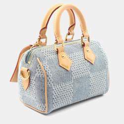 Pre Owned Louis Vuitton Speedy Bandouliere 18 Blue Brown Damier Denim Leather Top Handle Bag